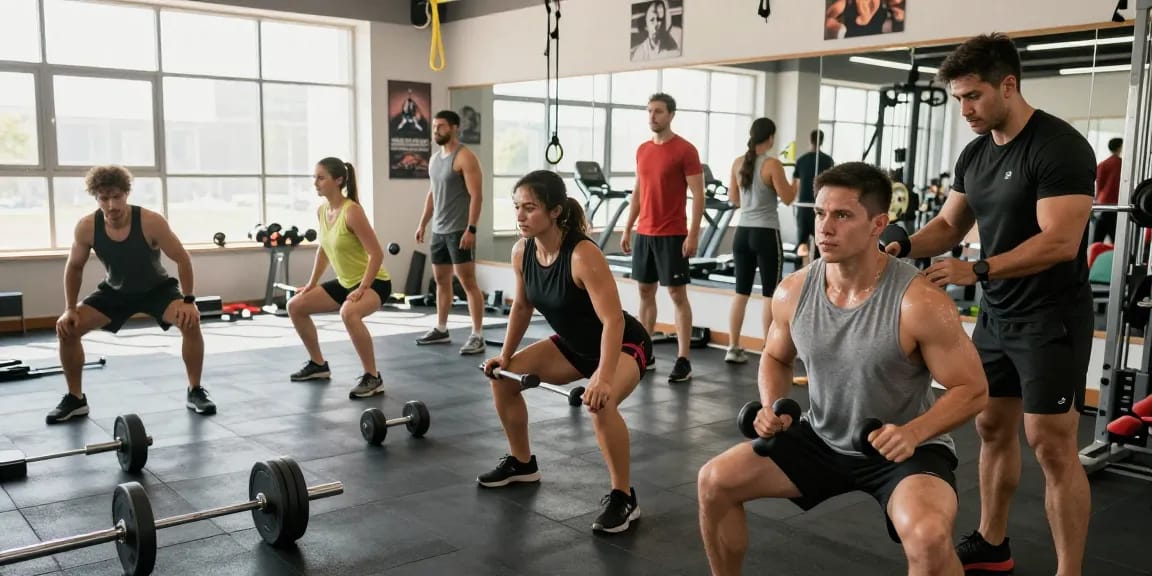 Deus Medical-Anwender im Fitnessstudio beim Gewichtheben mit Trainer, motivierende Atmosphäre.
