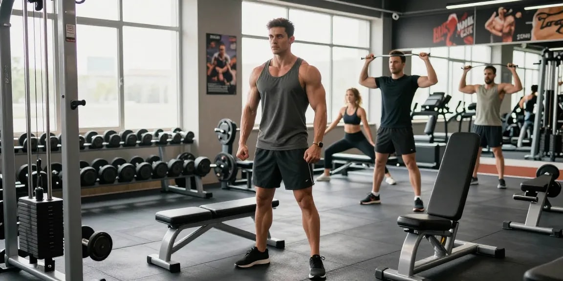Anabolika-Shop: Fitness-Szene im modernen Gym mit Bodybuilder und Geräten.