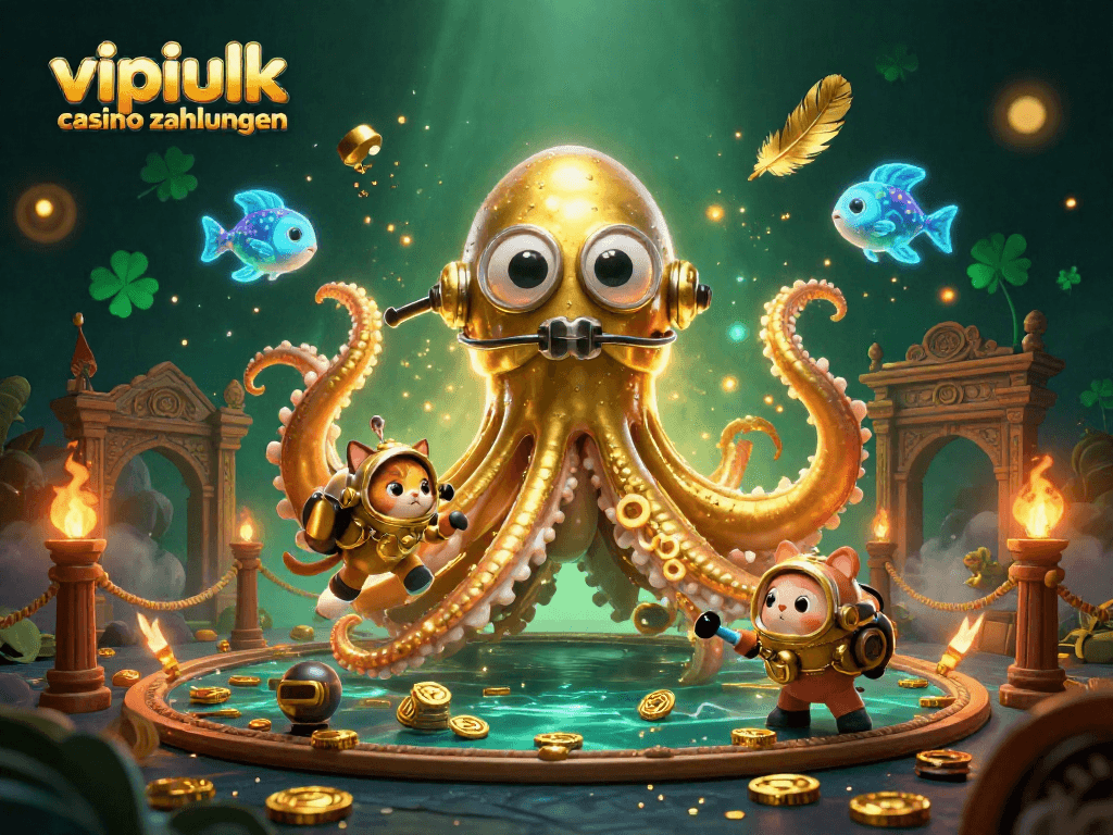 Erleben Sie VIPLuck Casino Zahlungen mit einem dynamischen Casino-Motiv und goldenen Schätzen.