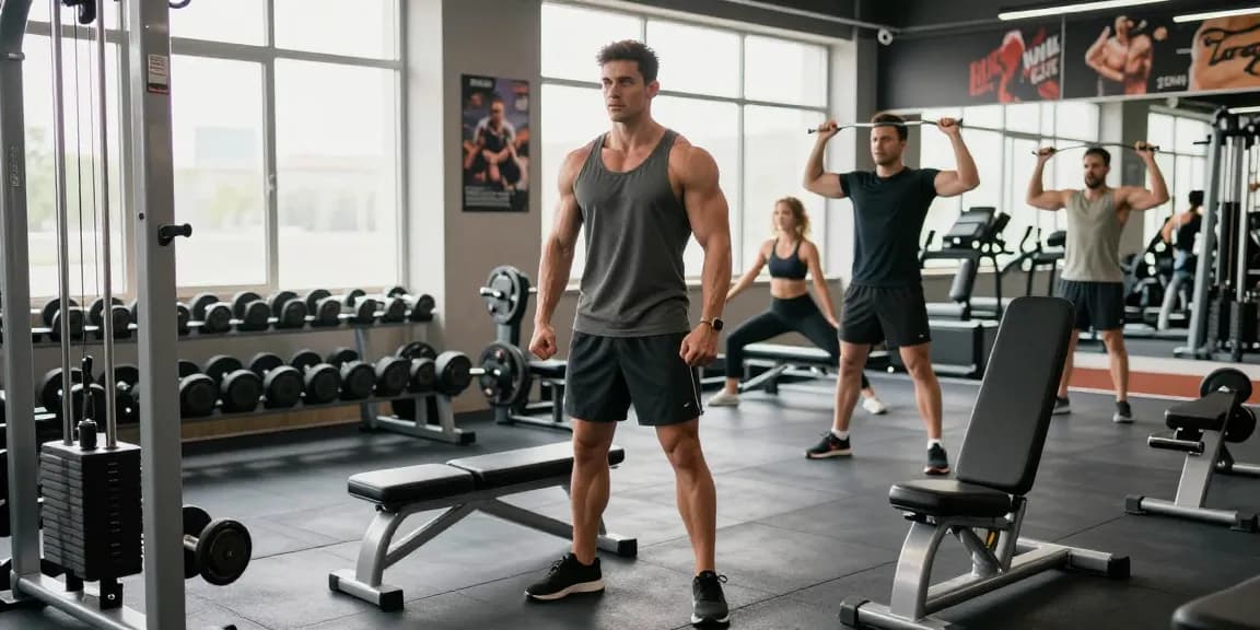 Anabolika-Shop: Fitness-Szene im modernen Gym mit Bodybuilder und Geräten.
