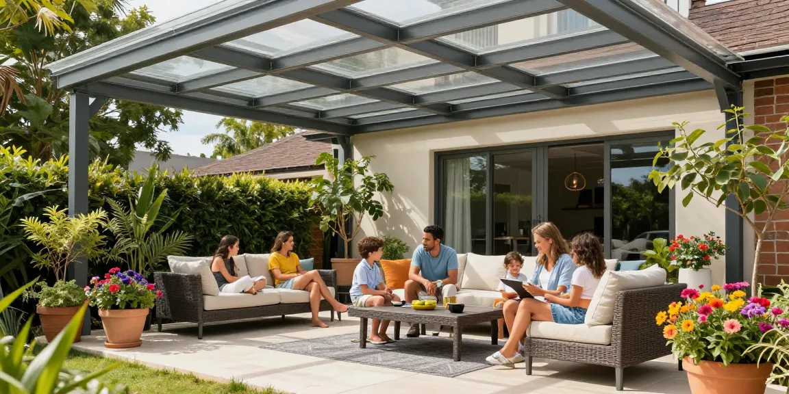 Moderne Terrassenüberdachung aus Aluminium mit entspannter Familie im Freien.