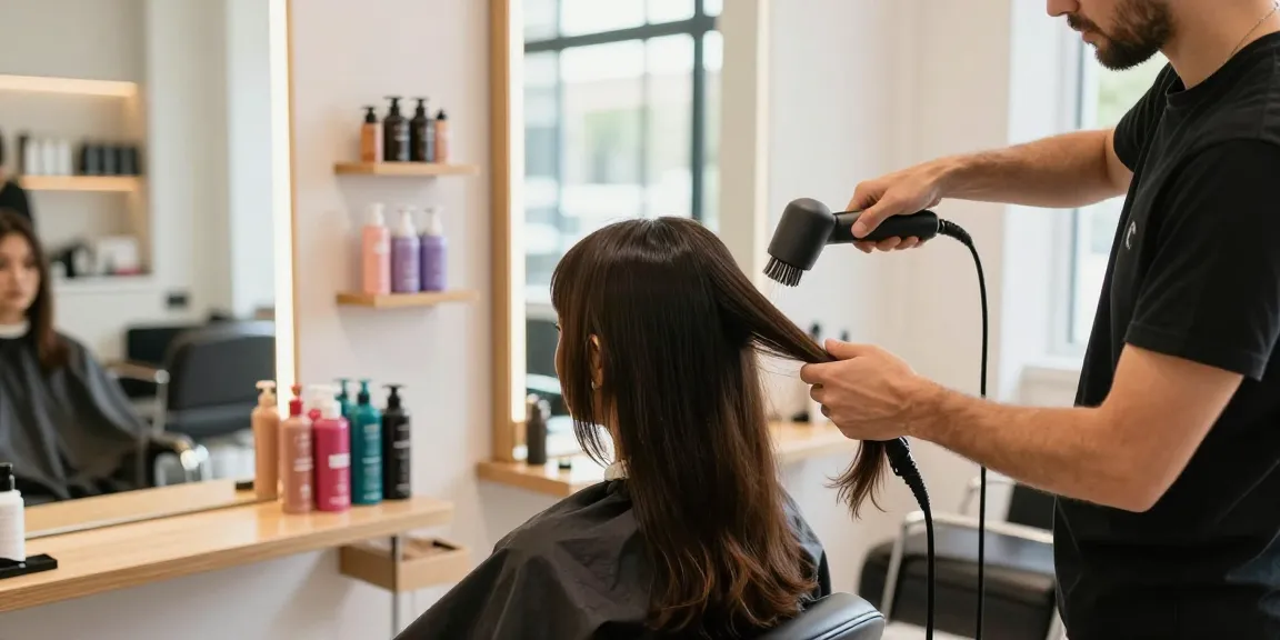 Stylist verwendet einen Ionen Haartrockner in modernem Salon mit hellem Licht.