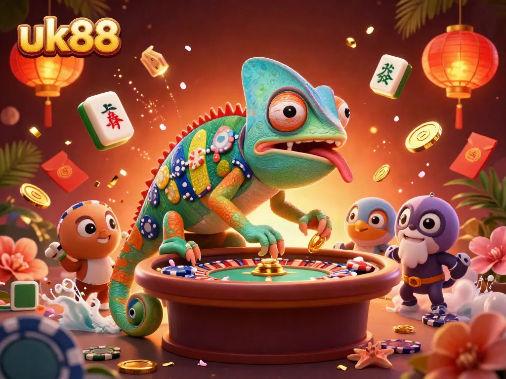 Experience the thrill of uk88 with dynamic casino scenes featuring a colorful chameleon and festive game elements.