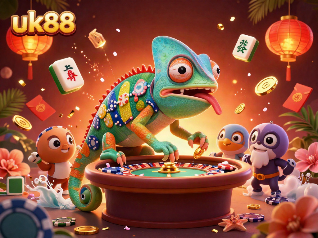 Experience the thrill of uk88 with dynamic casino scenes featuring a colorful chameleon and festive game elements.