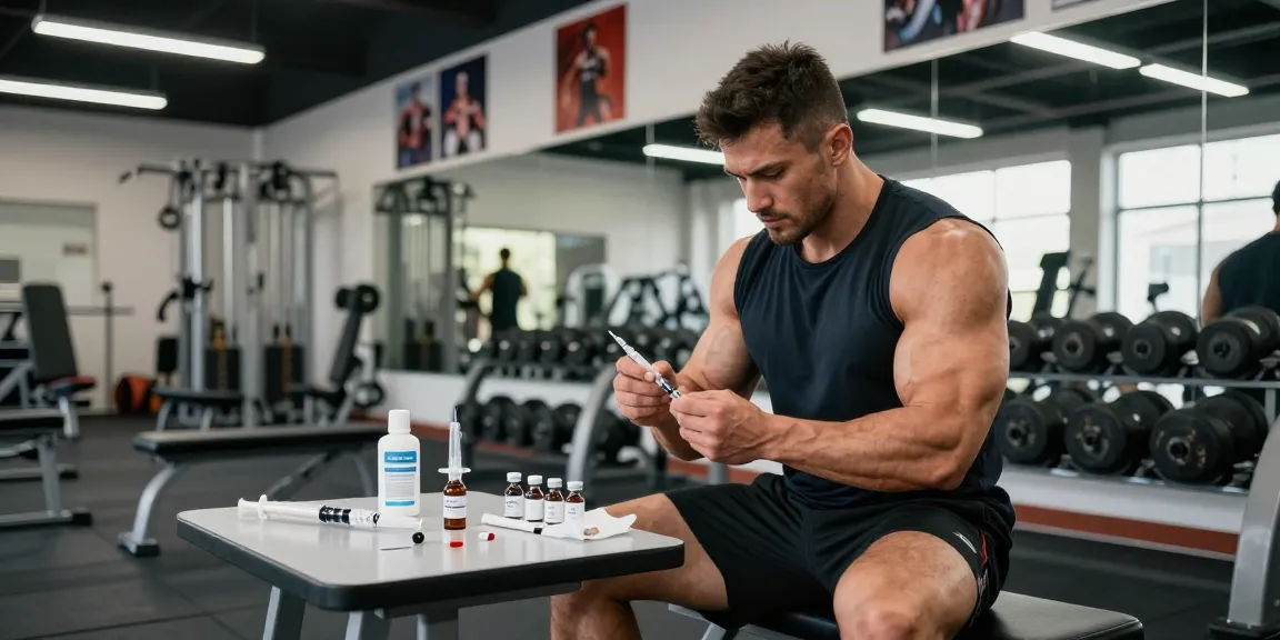 Anabolika Shop - Ein Bodybuilder bereitet sich auf die Injektion von Steroiden im Fitnessstudio vor.
