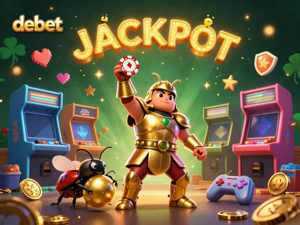 Engage with debet's vibrant scene as a gladiator beetle celebrates a big win amidst dazzling casino elements.