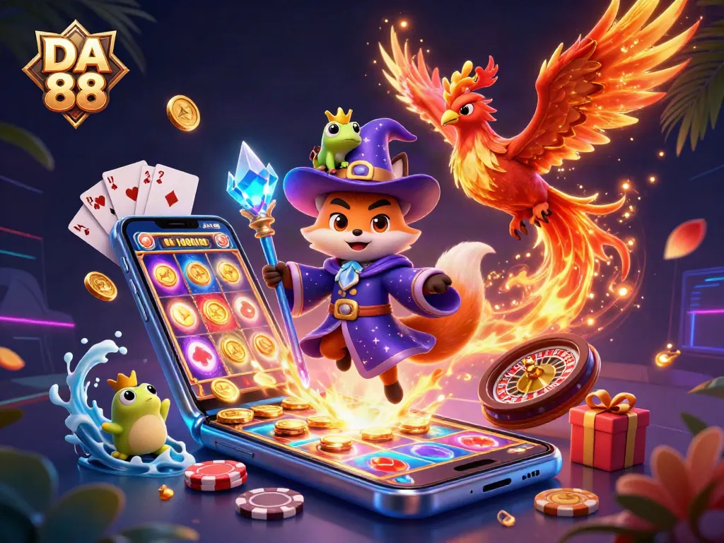 Engage with DA 88 for vibrant 3D casino gaming adventures showcasing a wizard, phoenix, and dynamic gaming elements.