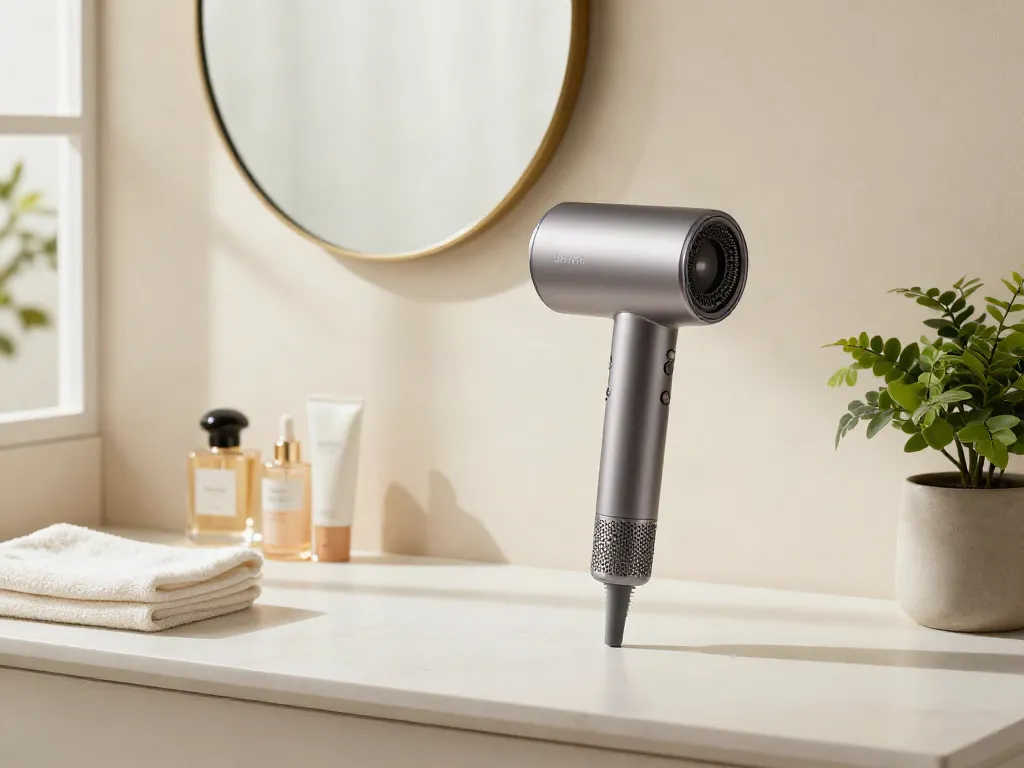 Ein Haartrockner mit intelligenter Temperaturregelung von Laifen auf einem modernen Schminktisch, umgeben von eleganten Schönheitsprodukten.
