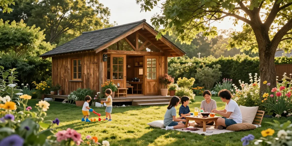 Ein Gartenhaus umgeben von bunten Blumen und spielenden Kindern, ideal für entspannte Familienmomente.