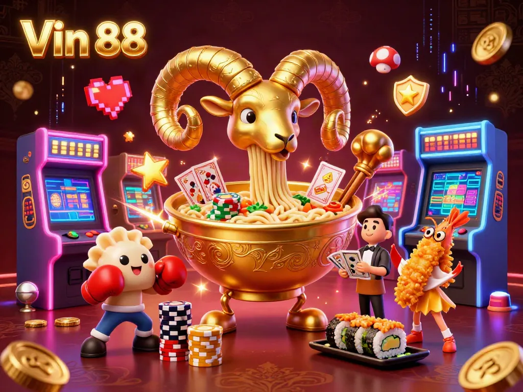 Engage with Vin 88's vibrant casino world featuring a giant ramen bowl dealer amidst dynamic gaming elements.