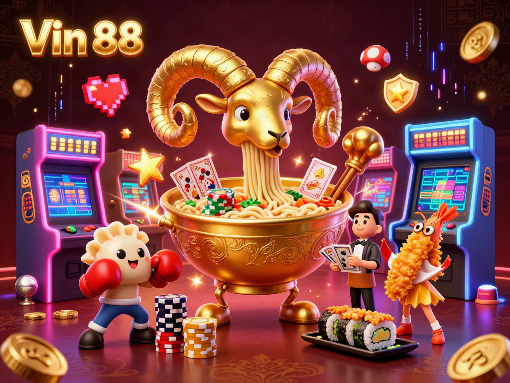 Engage with Vin 88's vibrant casino world featuring a giant ramen bowl dealer amidst dynamic gaming elements.