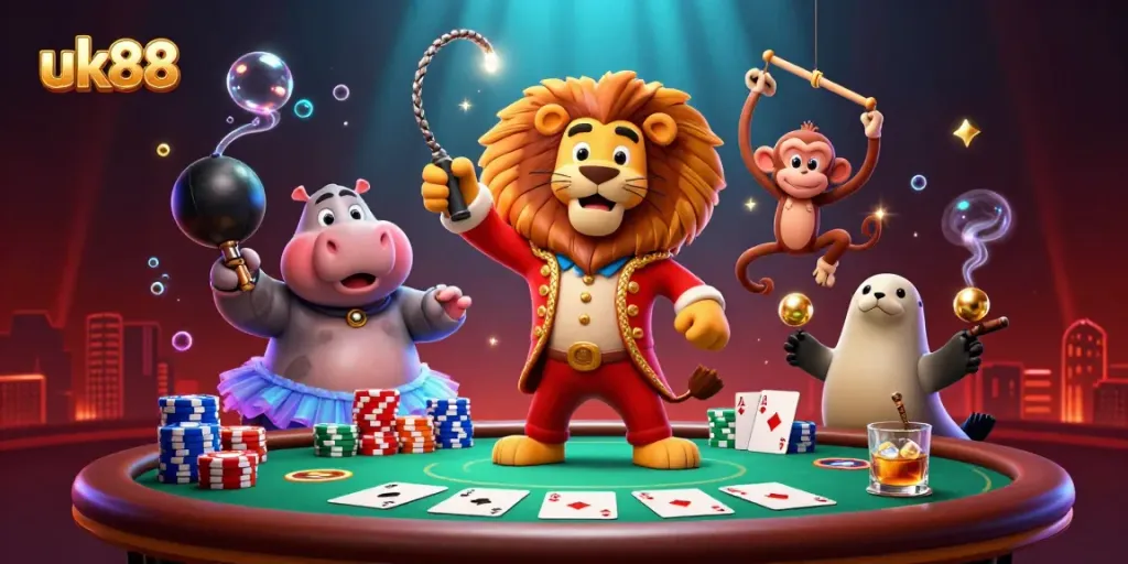 Experience thrilling gameplay at UK88 with an illustrated vibrant casino scene full of action.