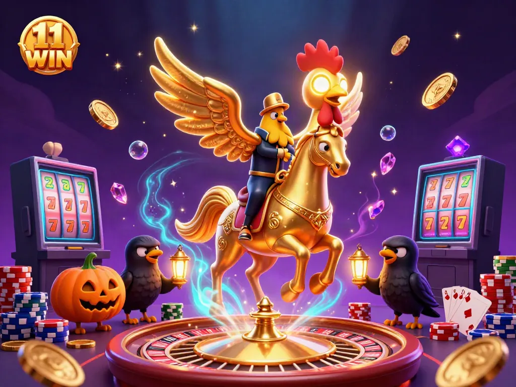 Experience the thrilling world of 11 WIN with a golden rooster in a vibrant casino scene.