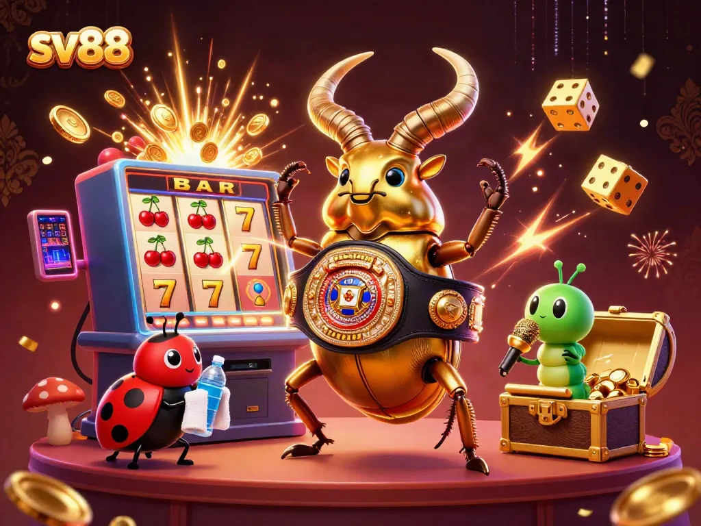 sv88 showcases a dynamic casino scene with a golden stag beetle champion, surrounded by exciting gambling elements.
