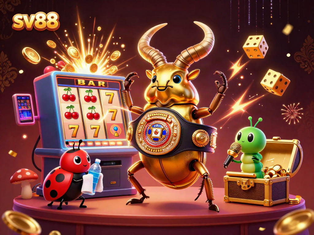 sv88 showcases a dynamic casino scene with a golden stag beetle champion, surrounded by exciting gambling elements.