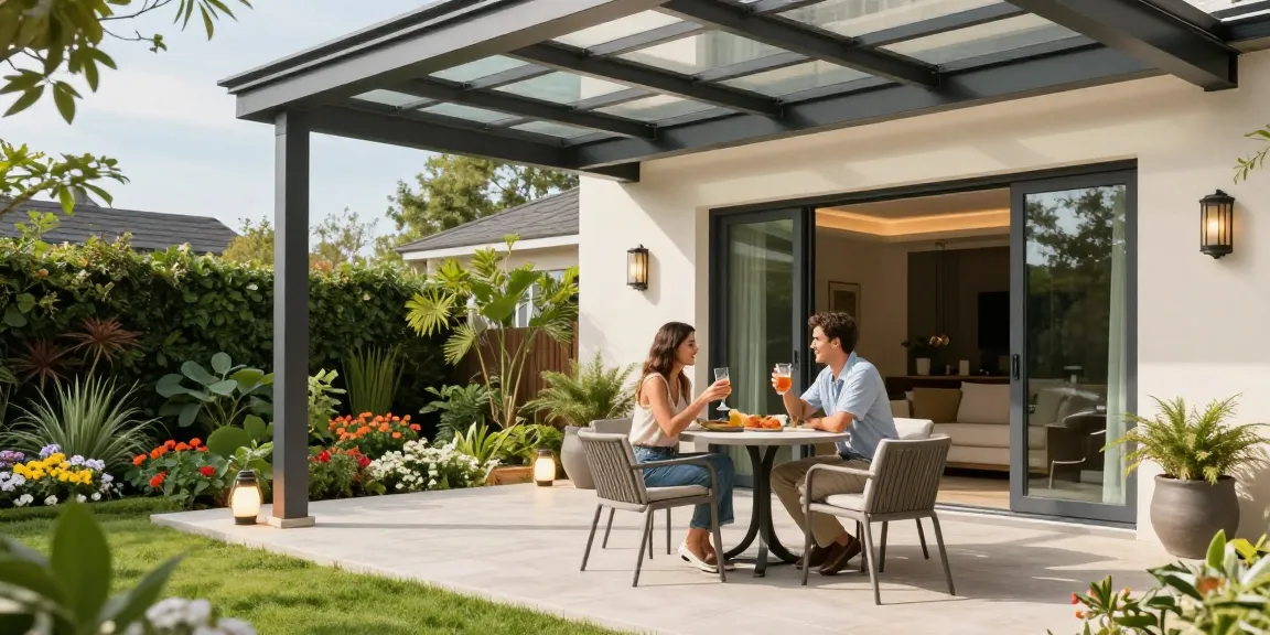 Terrassenüberdachungen am modernen Zuhause mit glücklichem Paar, das im Garten entspannt.