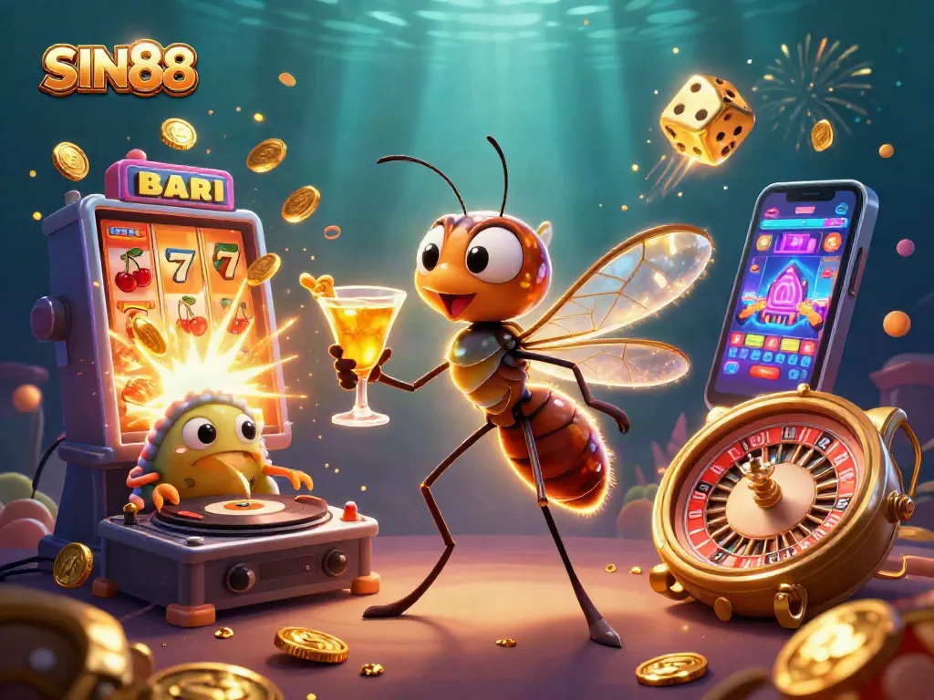 Experience thrilling gaming with SIN88, featuring vibrant casino mascots and dynamic slot action.