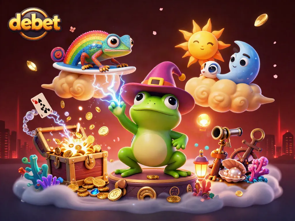 Engage in exciting gameplay with debet as a wizard frog conjures golden coins amidst a vibrant casino scene.