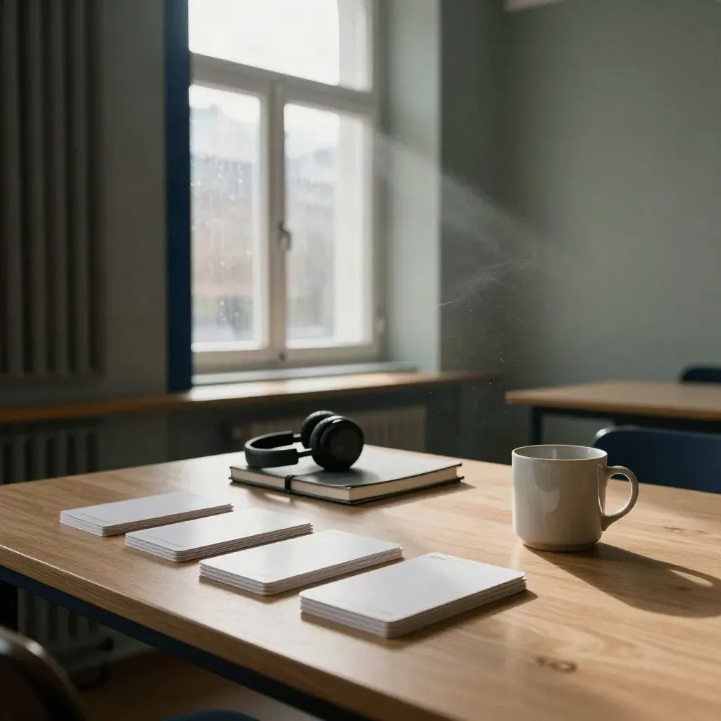 Berliner Tutoring-Studio mit Flashcards, Notizbüchern, Kopfhörern und Regenmorgenlicht.