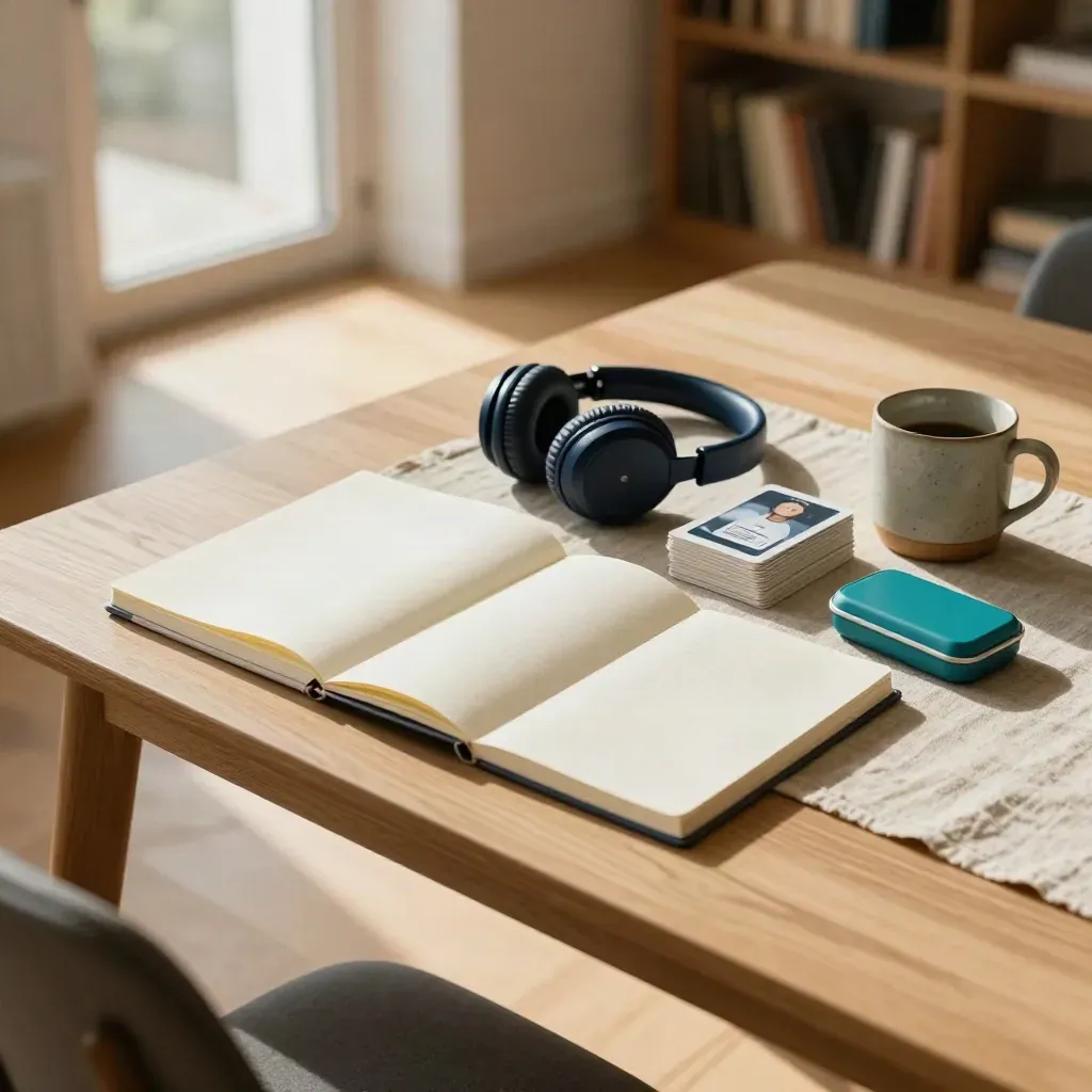 Helle Deutsch-Lern-Ecke mit Notizbüchern, Karteikarten, Kopfhörern und Tasse im Sonnenlicht.