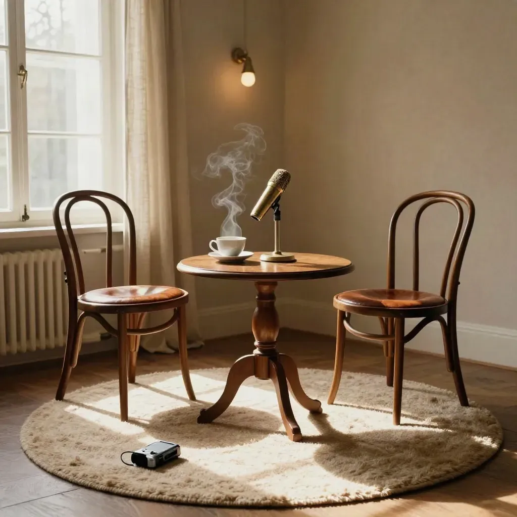 Zwei leere Stühle mit Mikrofon, Teetasse und Recorder auf rundem Teppich im warmen Raum