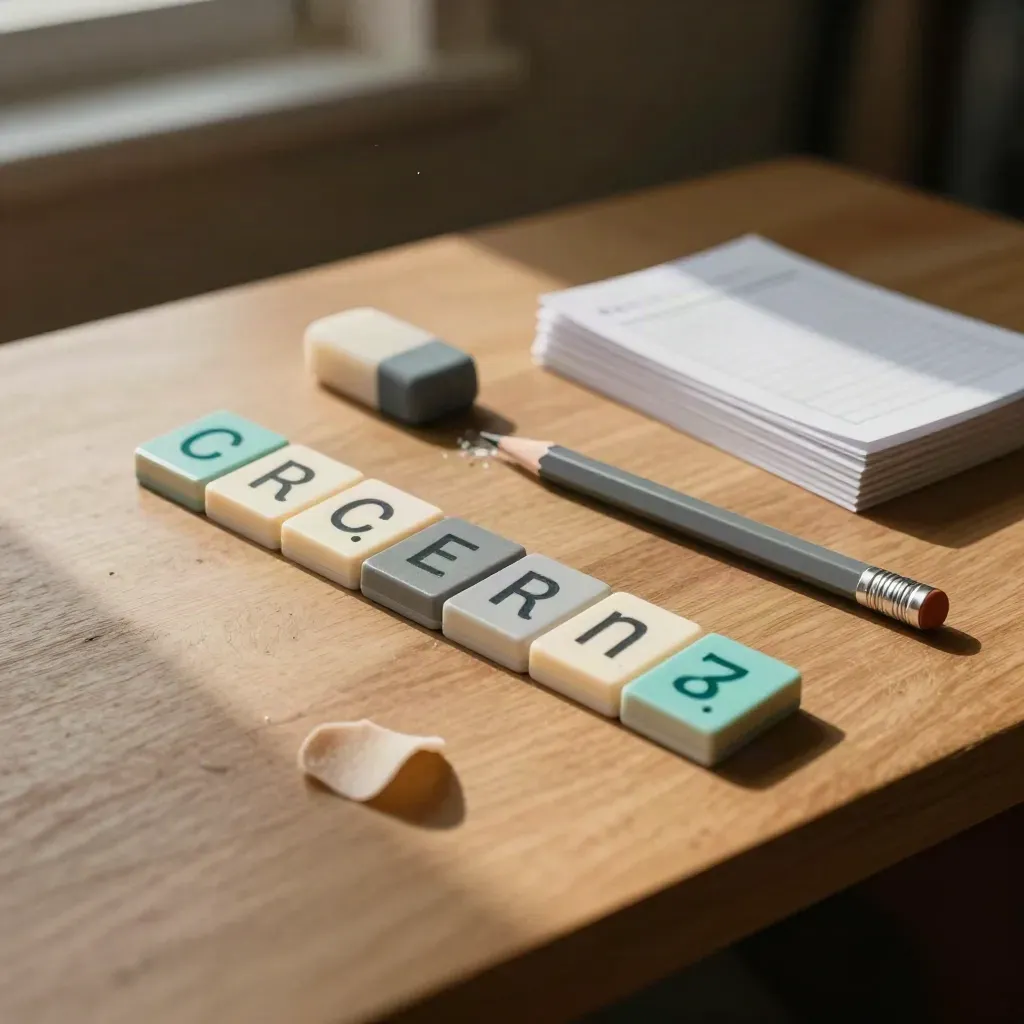 Grammatik-Tiles, Bleistift und Radiergummi auf einem hellen Schreibtisch im sanften Licht.