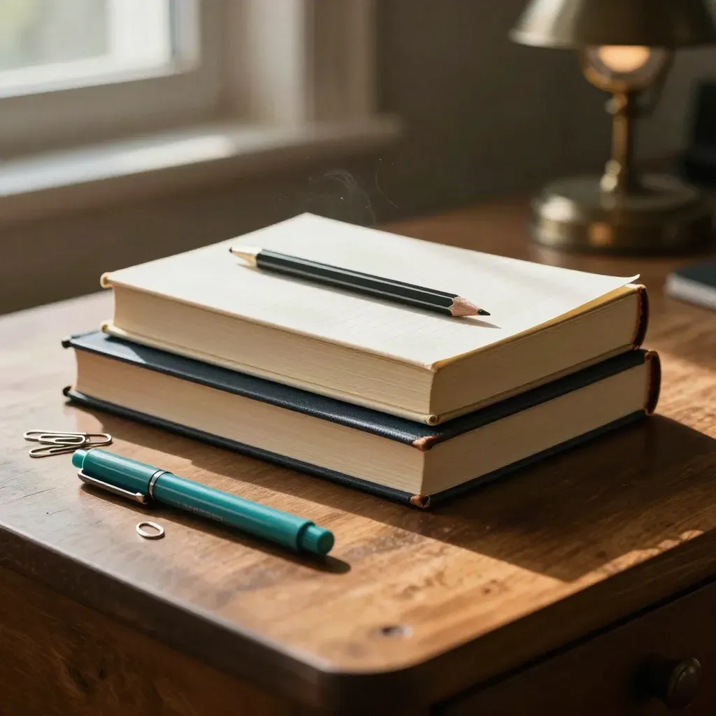 Übersetzungsunterlagen mit Referenzbüchern, Bleistift und Notizheft auf warmem Holztisch