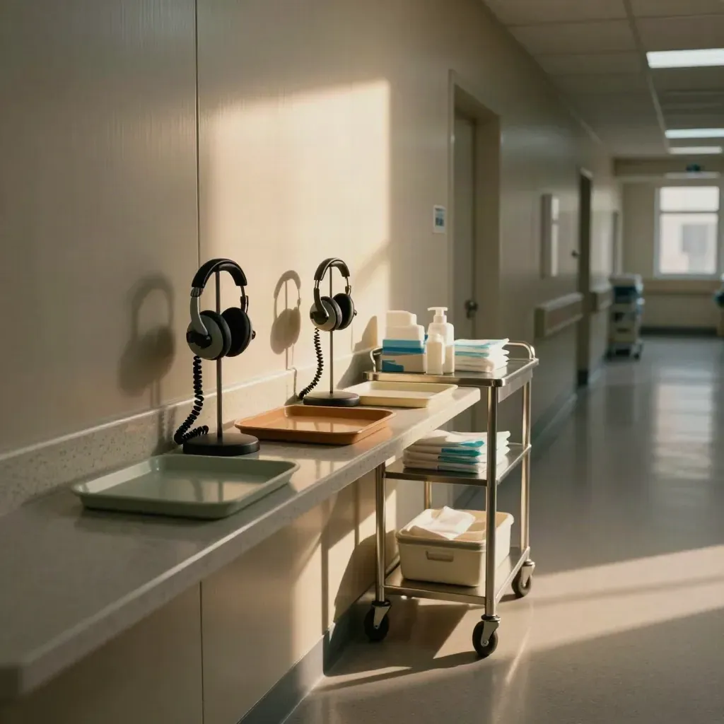 Leere Krankenhaus-Übergabestation im Flur mit Wagen und Headset-Ständern im warmen Licht.