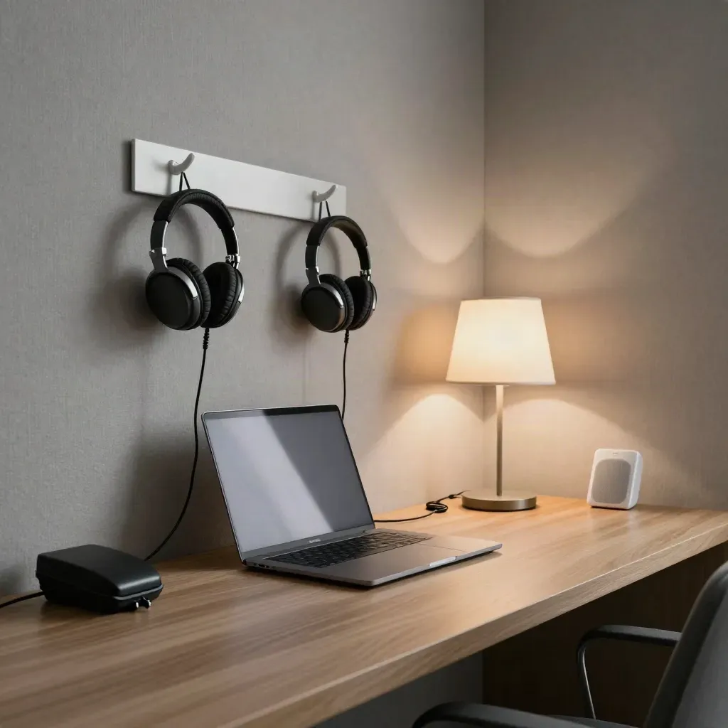Leerer IT-Konferenzraum mit Headsets, Laptop und Tischlampe in warmem Licht.