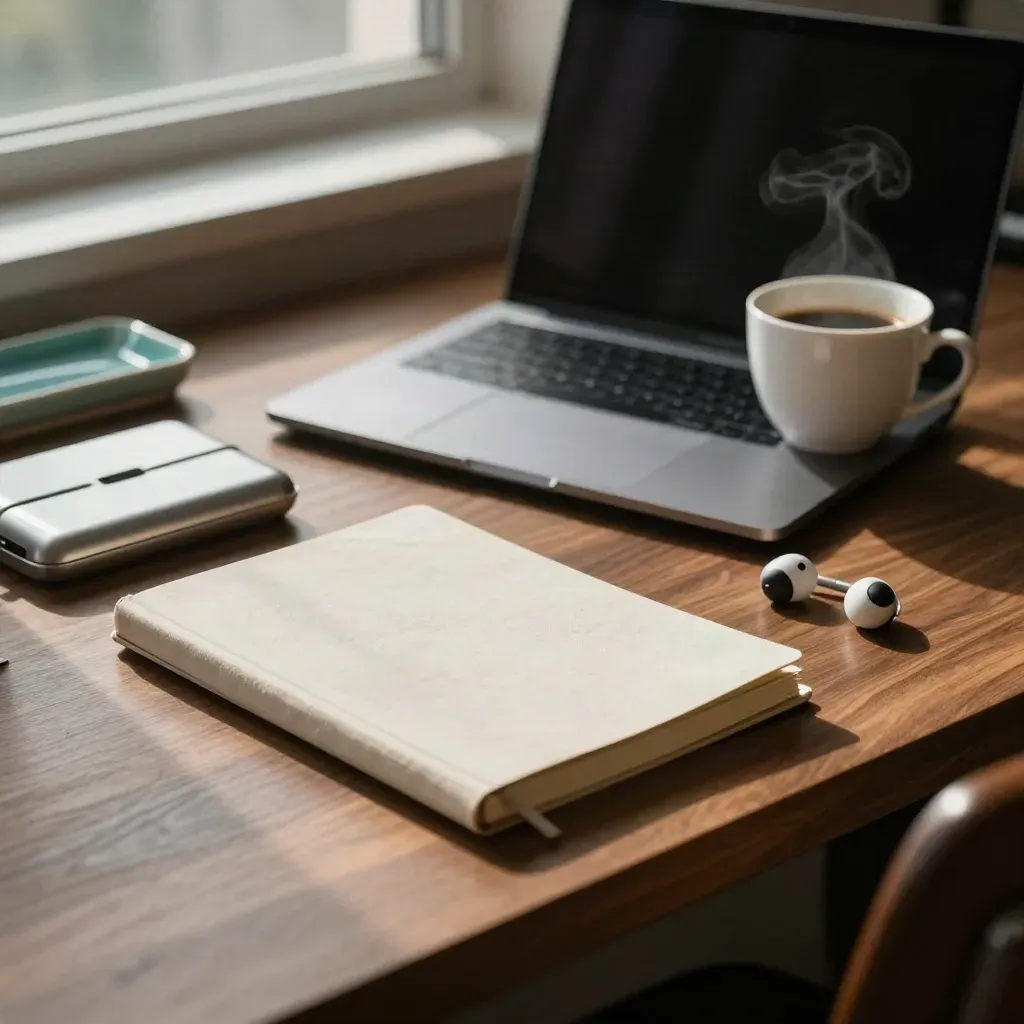 Aufgeräumter Schreibtisch mit Laptop, Notizbuch, Kopfhörern und Kaffeetasse im warmen Nachmittagslicht.