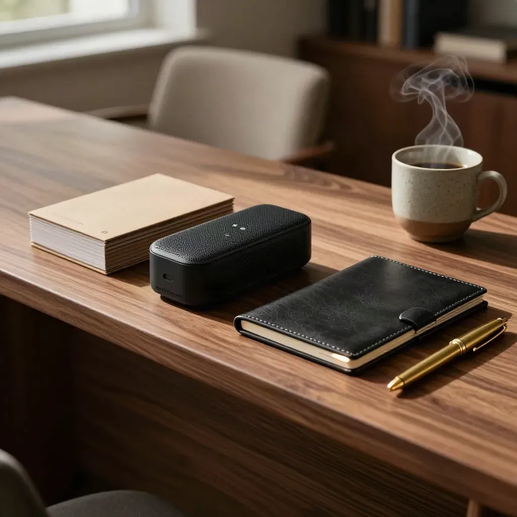 Vertriebsmaterialien auf warmer Holzfläche mit Speakerphone und aufsteigendem Kaffeedampf.