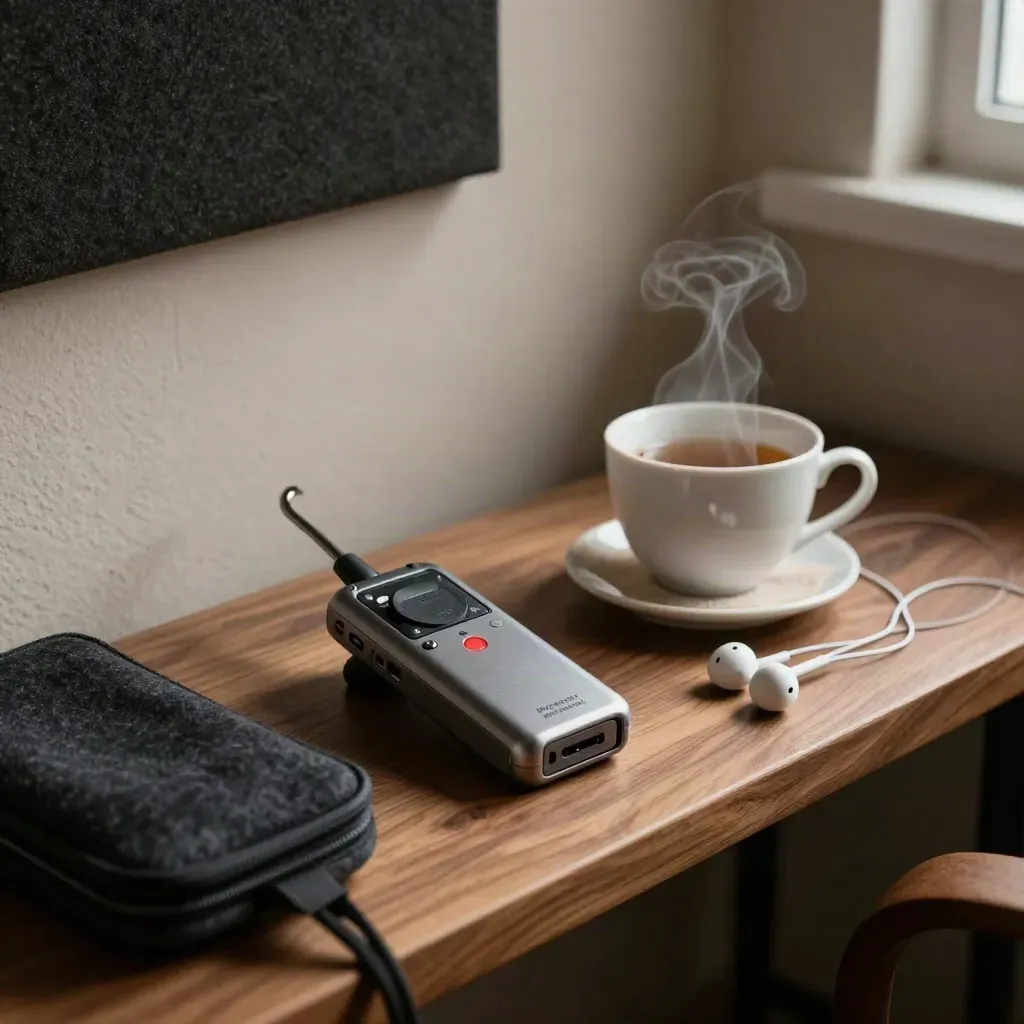 Stillleben mit Diktiergerät, dampfender Teetasse, Earbuds und Wolluntersetzer im Sprachcoach-Raum
