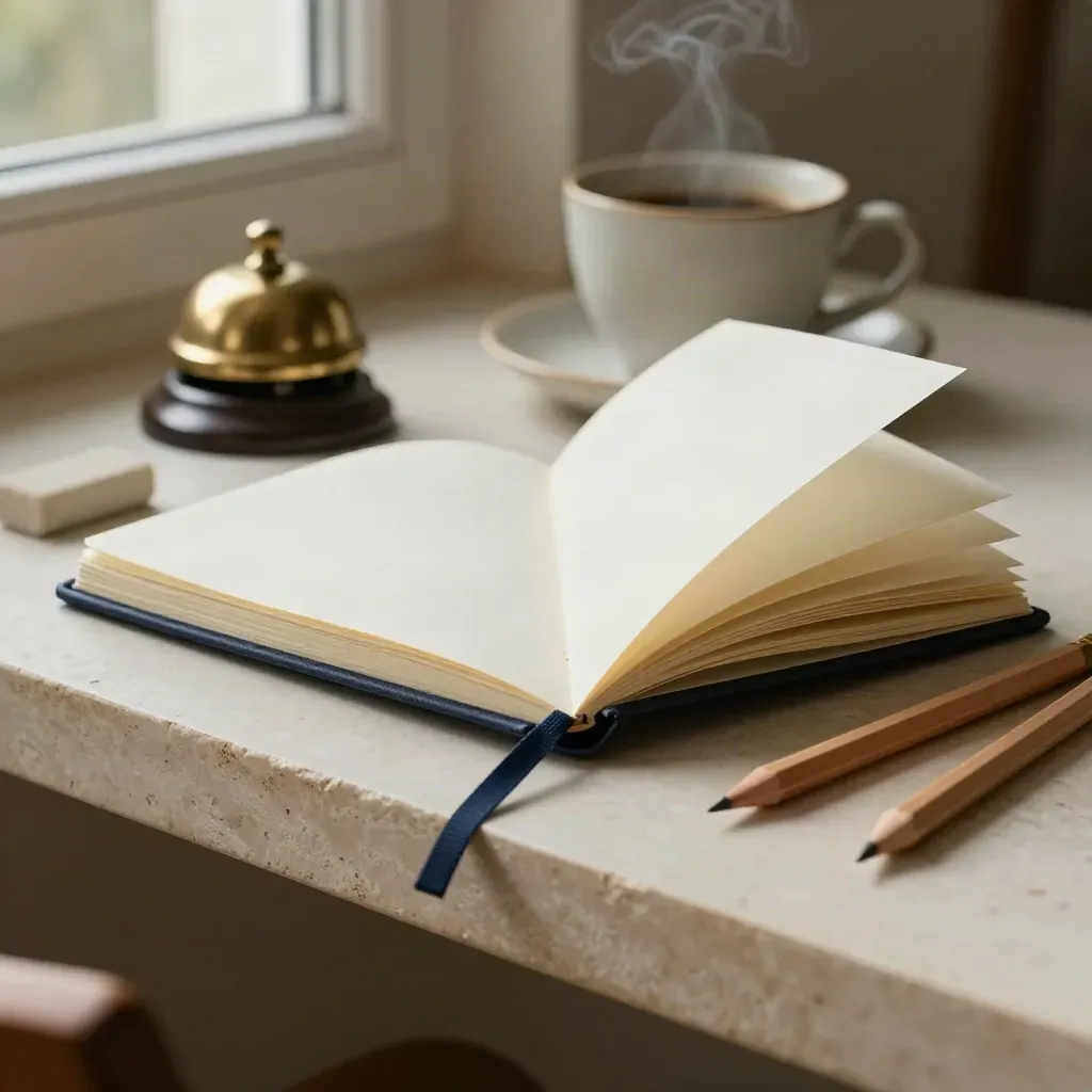 Notizbuch, Radiergummi, zwei Bleistifte und Tischklingel auf hellem Putz, mit Kaffeedampf.
