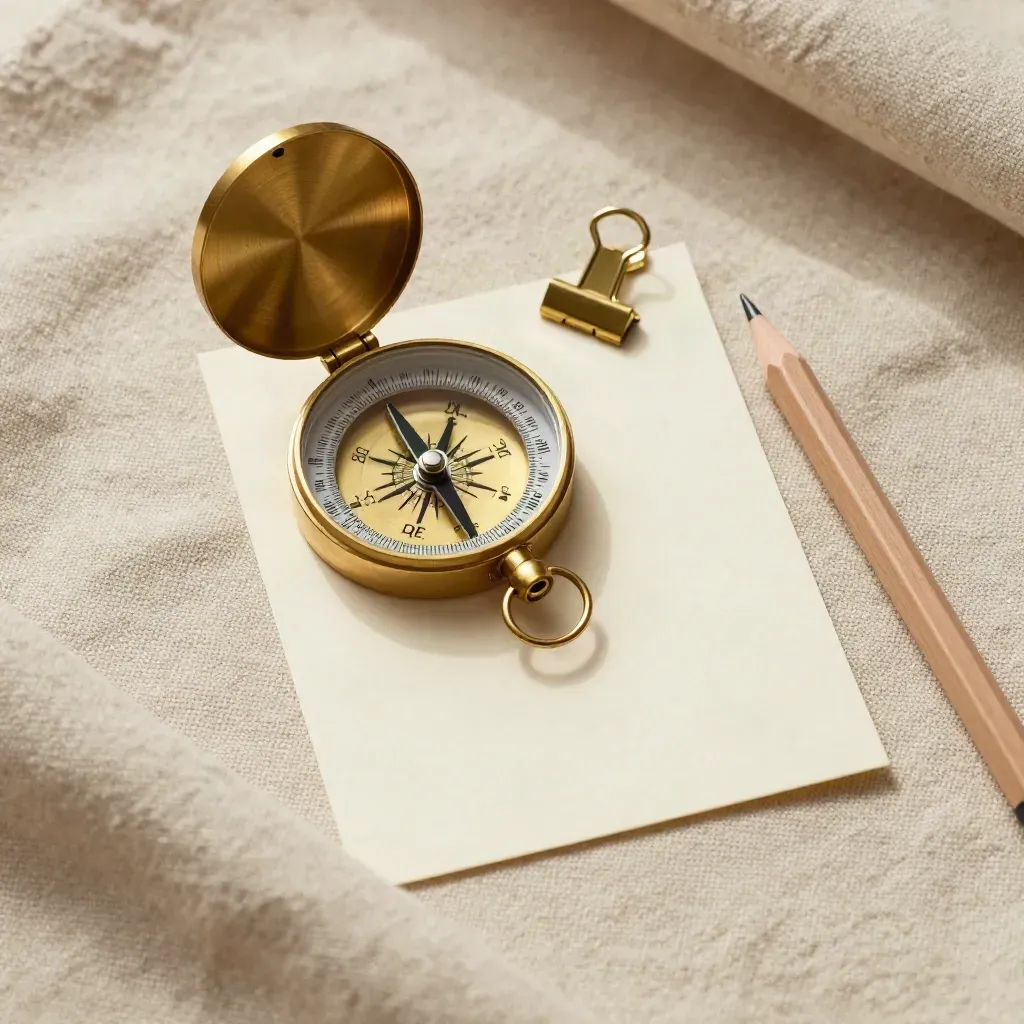 Brasskompass, Notizkarte, Bleistift und Clip auf hellem Leinen im Morgenlicht.
