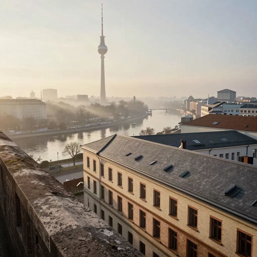 Berliner Skyline im Morgendunst mit Fernsehturm und Spree, viel ruhige Fläche für Text.
