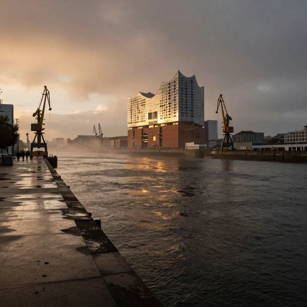 Hamburger Hafen mit Elbphilharmonie, Kränen und nassen Kanälen im goldenen Abendlicht.