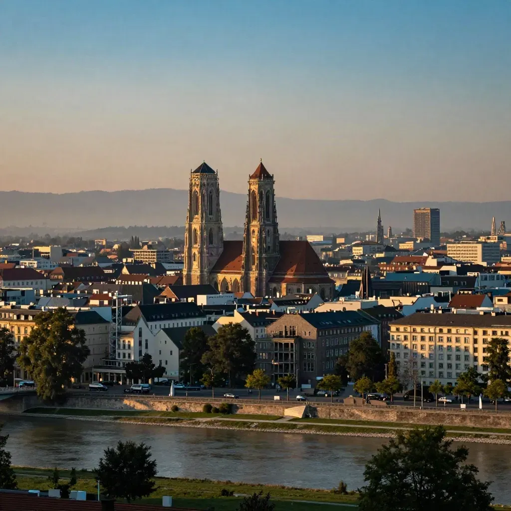 München bei Abendlicht mit Frauenkirche, Isar und Alpenhauch im Dunst.