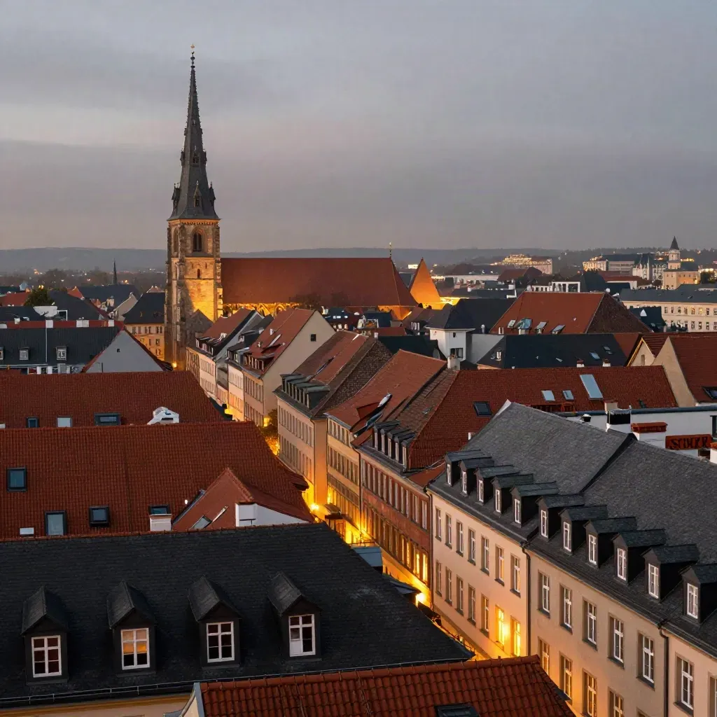 Weite deutsche Dachlandschaft mit Kirchtürmen im Abendlicht und ruhigem Himmel.