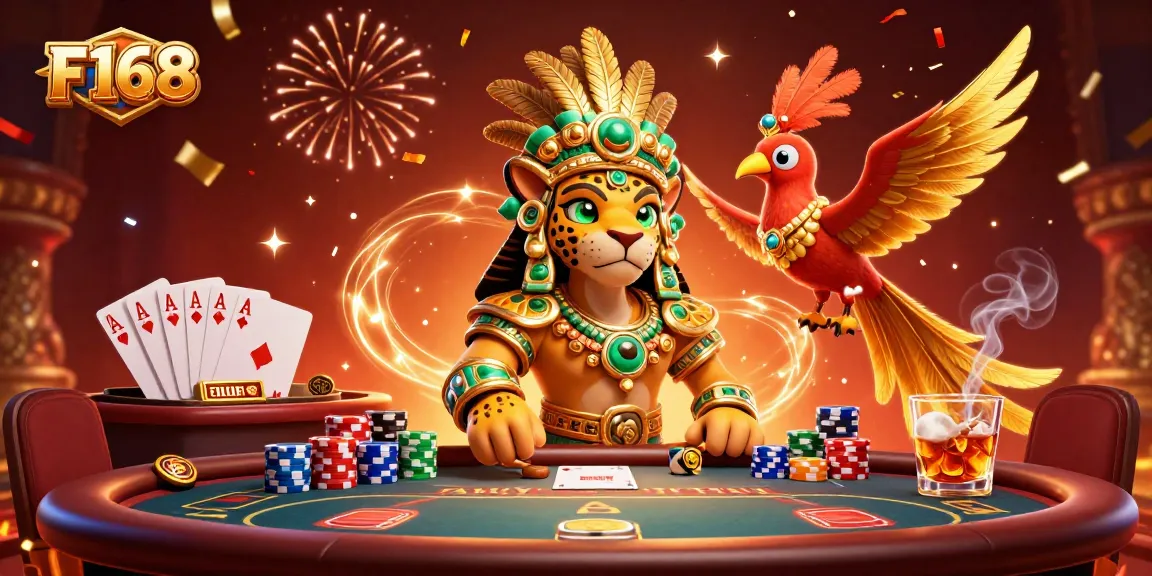 Experience the vibrant atmosphere of F168 with a Mayan jaguar priest and quetzal bird at a bustling casino.