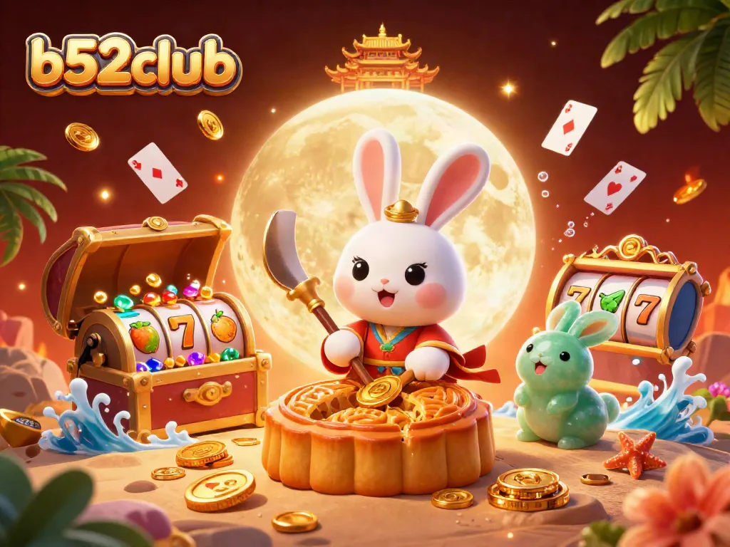 Experience the b52club's vibrant 3D casino scene with moon rabbit, golden coins, and poker action.