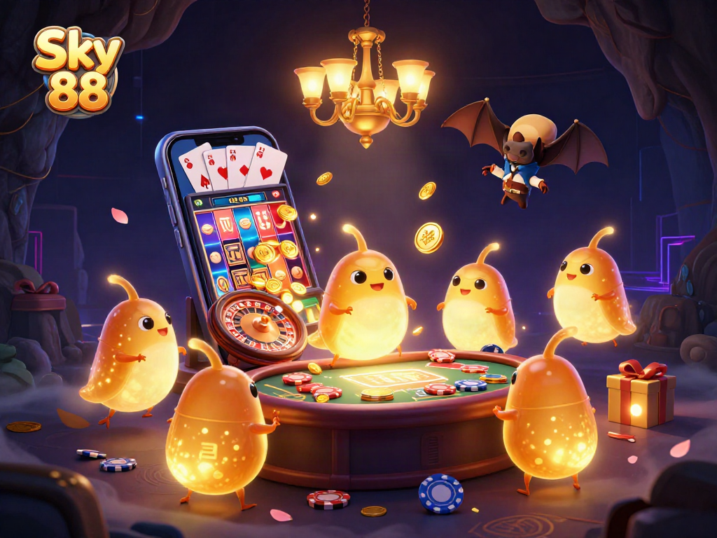 Experience thrilling games with Sky 88, illuminated by glowworms in a vibrant 3D casino.