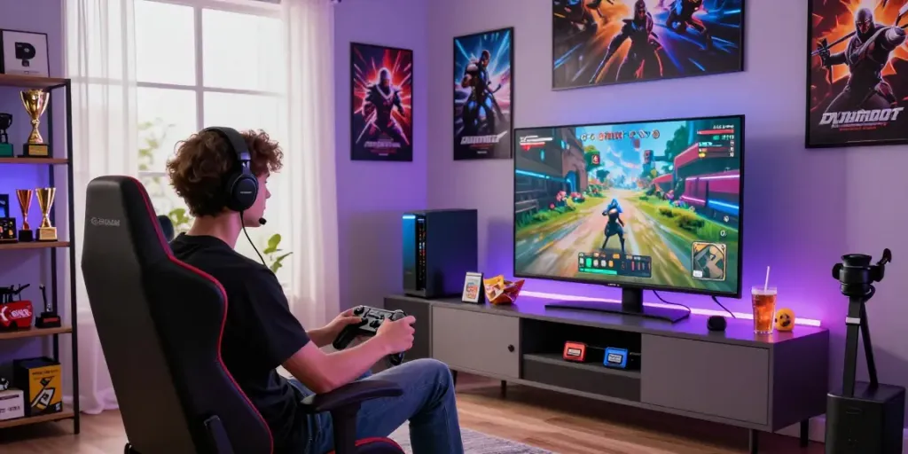 Gaming enthusiast fully engaged with rokok88 gaming setup in vibrant living room