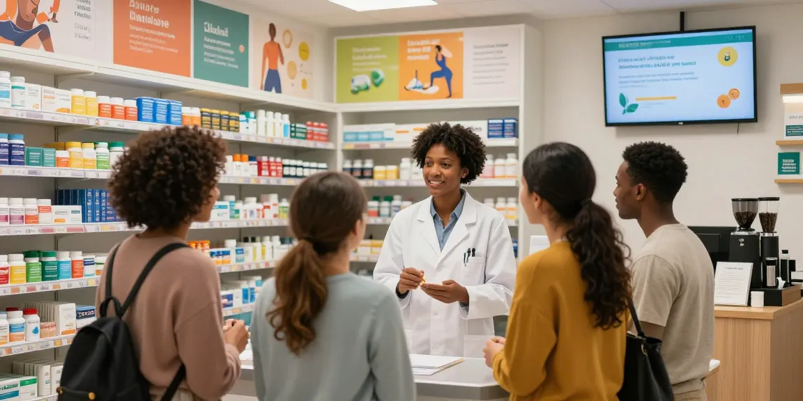 Interaktion im Unique Pharma Shop mit Kunden zu Gesundheitsprodukten.
