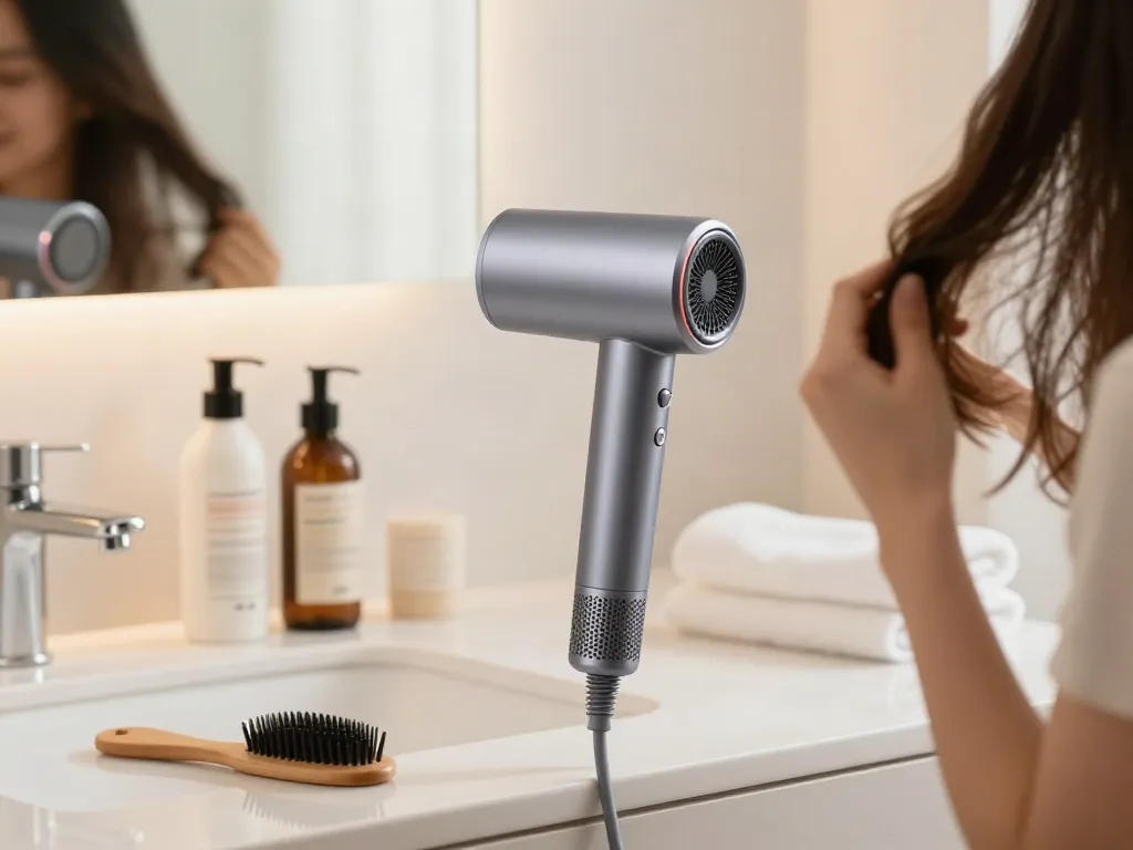 leistungsstarker Föhn auf einem modernen Waschbecken mit Haarpflegeprodukten und einer Frau beim Haaretrocknen.