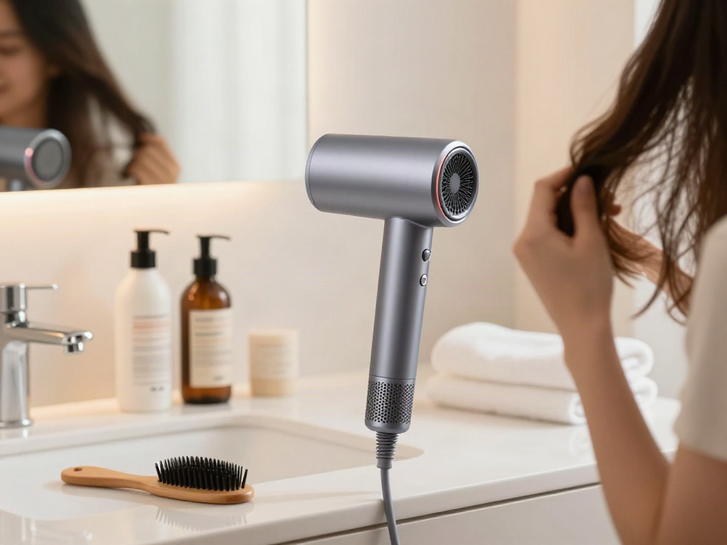 leistungsstarker Föhn auf einem modernen Waschbecken mit Haarpflegeprodukten und einer Frau beim Haaretrocknen.