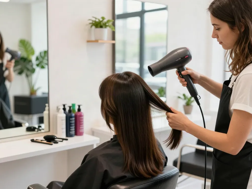 Professionelle Verwendung eines Ionen-Haartrockners im modernen Friseursalon mit strahlendem Haar.