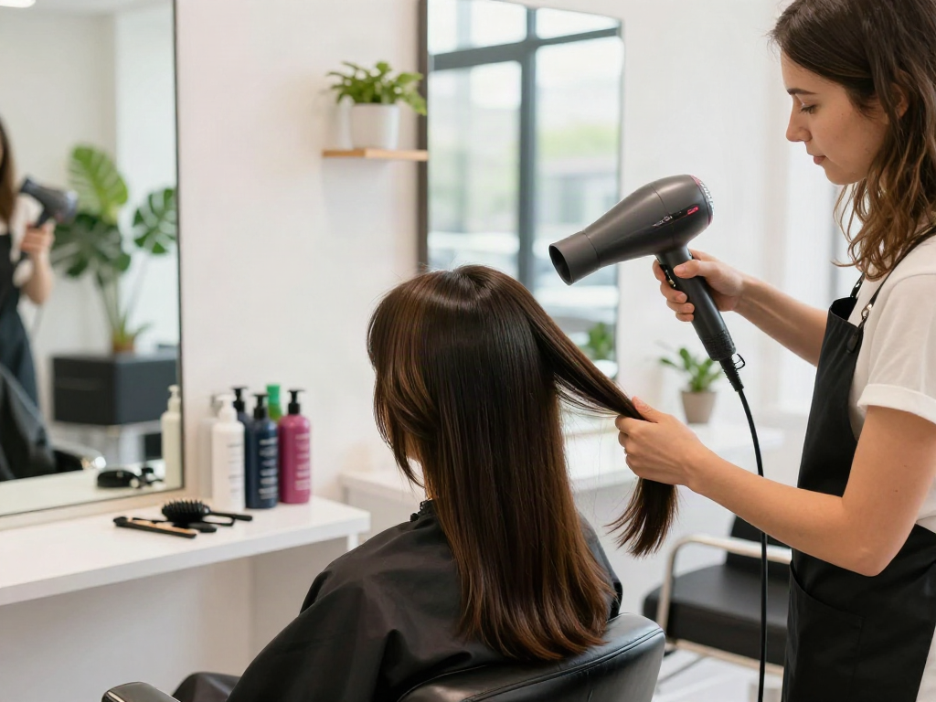 Professionelle Verwendung eines Ionen-Haartrockners im modernen Friseursalon mit strahlendem Haar.