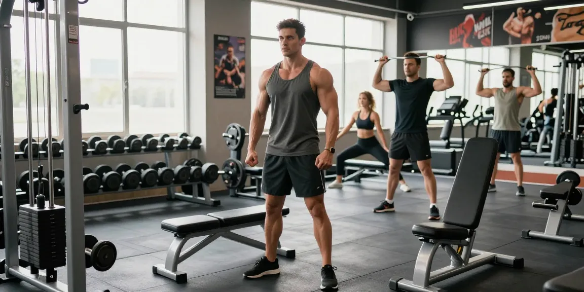Anabolika-Shop: Fitness-Szene im modernen Gym mit Bodybuilder und Geräten.