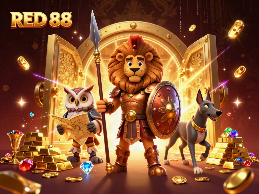 Experience high-stakes gameplay at RED 88, featuring vibrant casino elements and animated heroes.