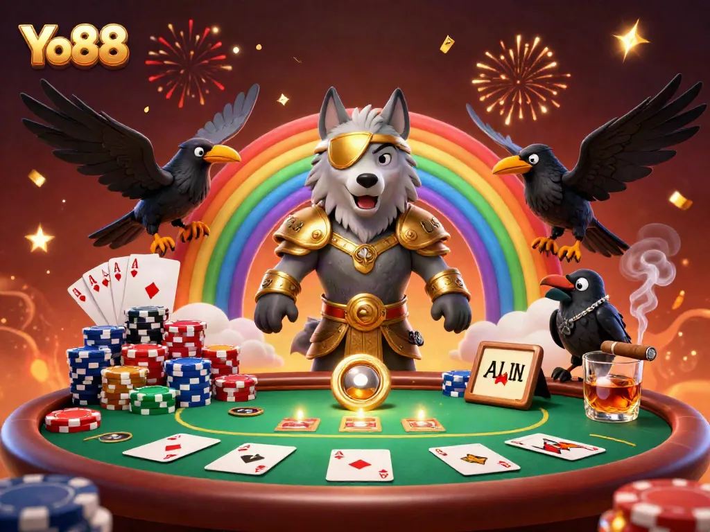 Experience the thrill of Yo88 with vibrant visuals of iconic casino elements and Norse mythology.
